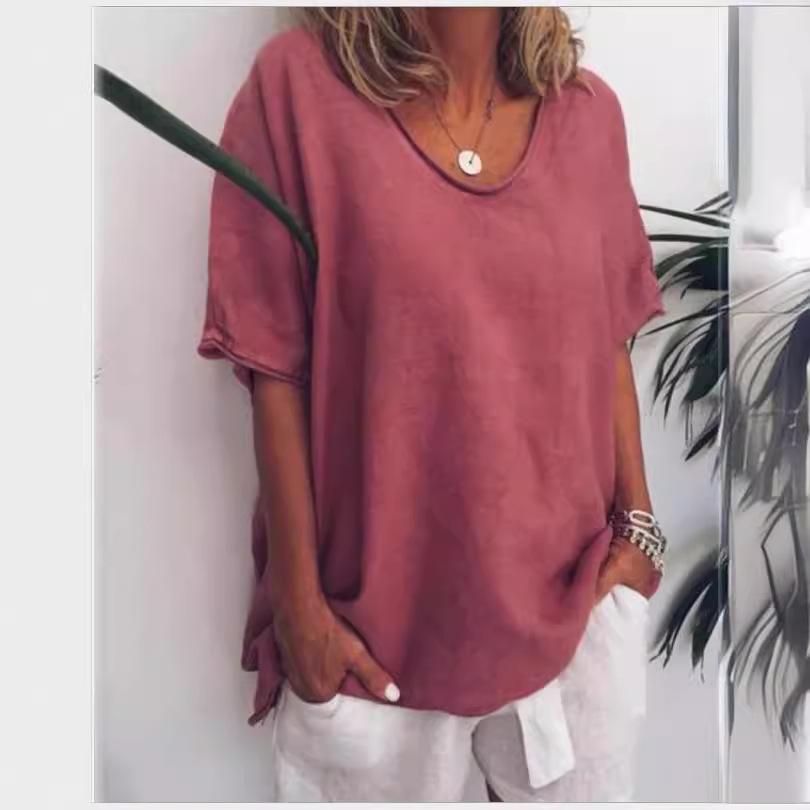 Summer Casual Cotton Linen T-Shirt: Solid Color, Loose Fit, Short Sleeve