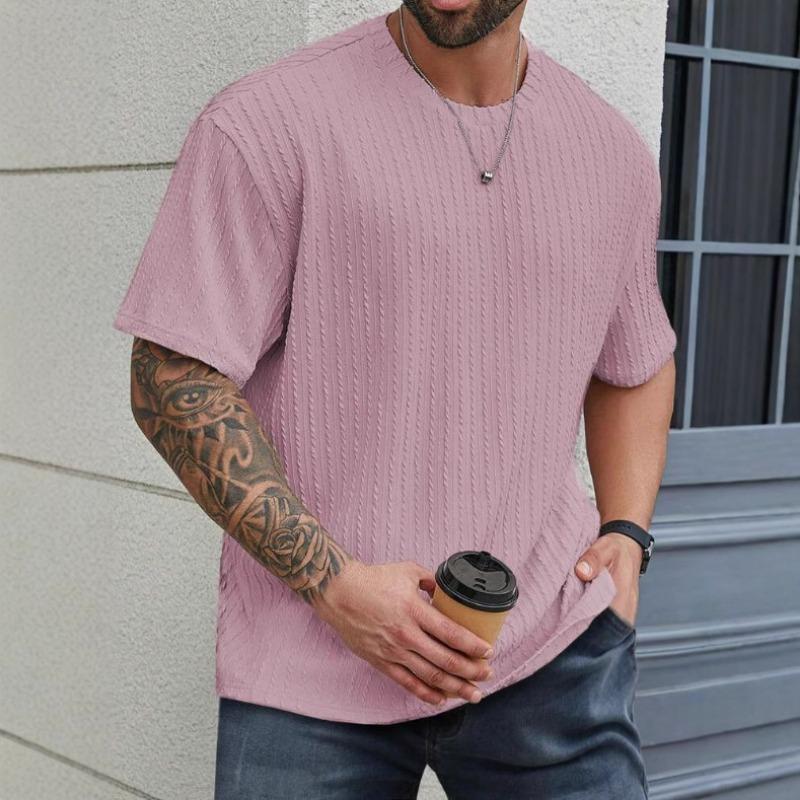 Mens Casual Solid Color Textured Short Sleeve Crew Neck T Shirt