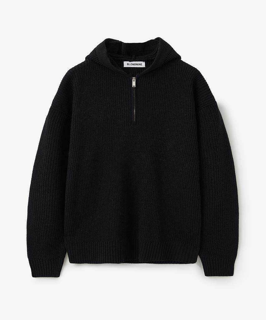 BLOND9 Oversized Rib Knit Hoodie Half Zip_Black