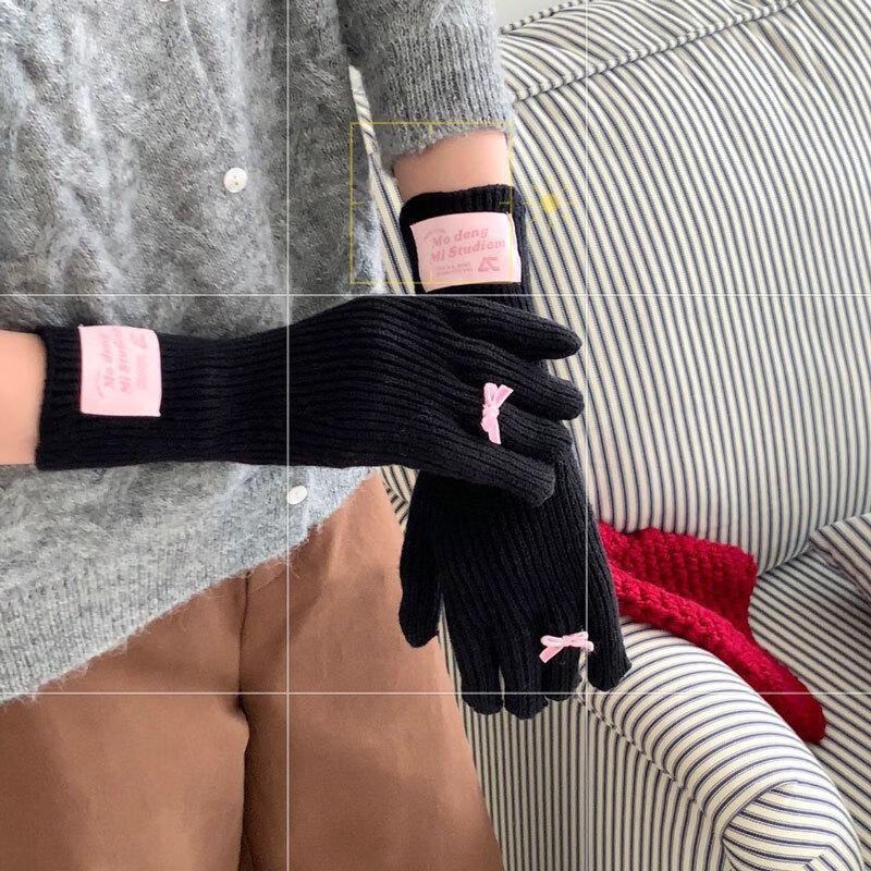 Женские теплые вязаные длинные перчатки из кроличьего меха с бантом 1