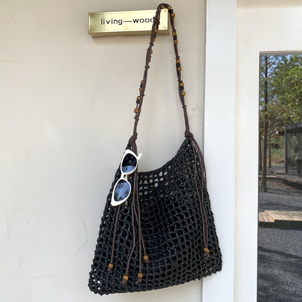 

Сумка-тоут ручной работы, плетеная, на кулиске, летняя пляжная, модная соломенная сумка из рафии, для девочек чёрный