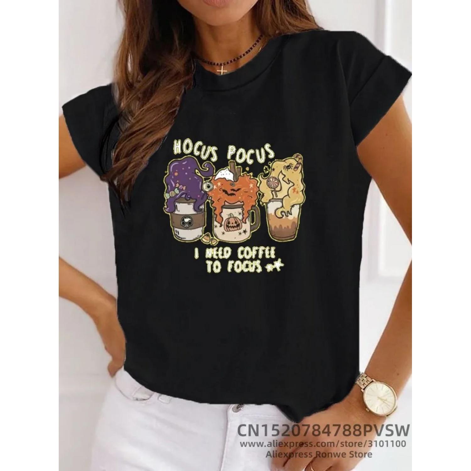 

Halloween I Need Coffee Graphic Women Print T-shirts Girl Summer Harajuku Tops Y2k Tops Tee Trendy Casual 90s Vintage Clothes S чёрный