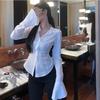 Women's Sexy Waist Cinching Shirt Flared Long Sleeved Lady's Solid Color Shirts High-end Slim Fitting Chic Strap Blouses