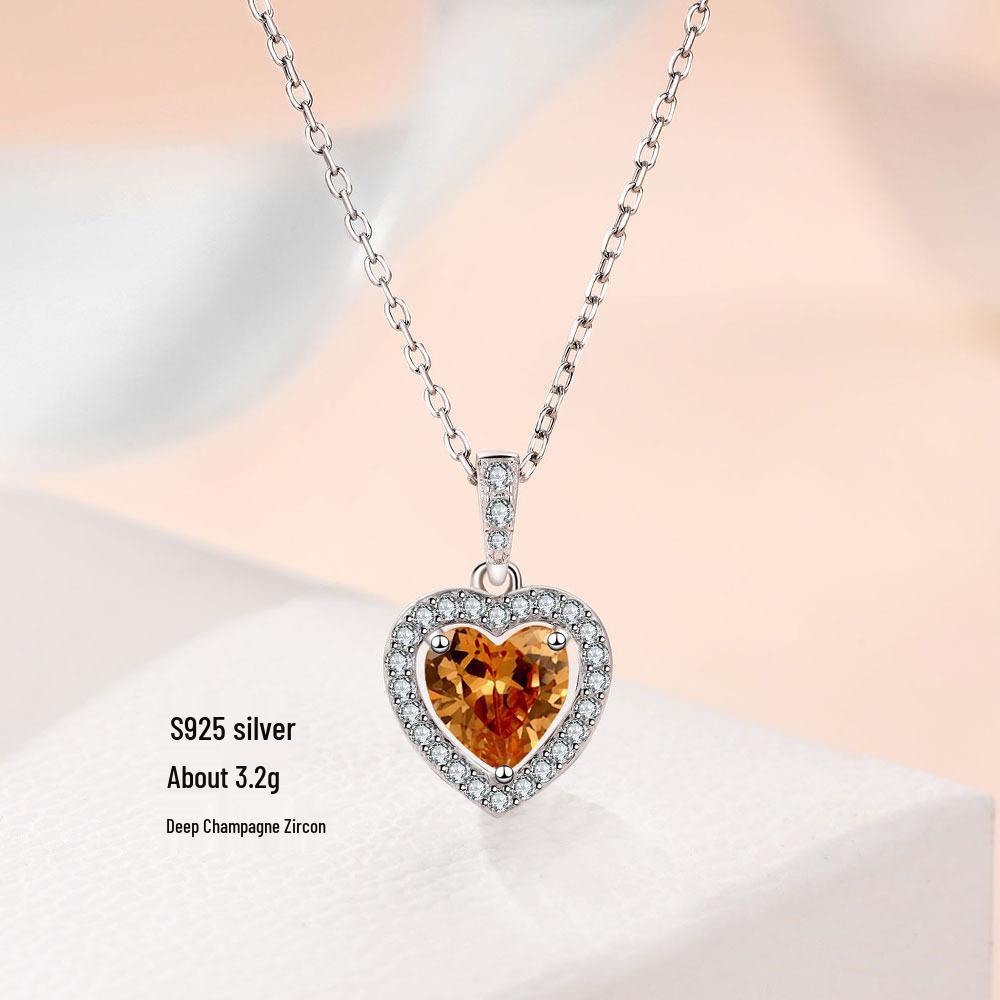Sterling S925 Silver Heart Necklace with Colorful Birthstone Cubic Zirconia - Elegant Light Luxury Design Sterling Silver 925