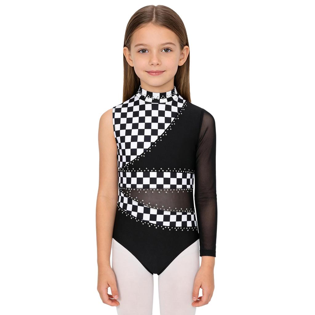 Girls Gymnastic Leotard Sparkly Rhinestones Patchwork Asymmetric Sleeve Design Back Hole Out Crotch Press Buttons Dance Unitard Competition Bodysuit