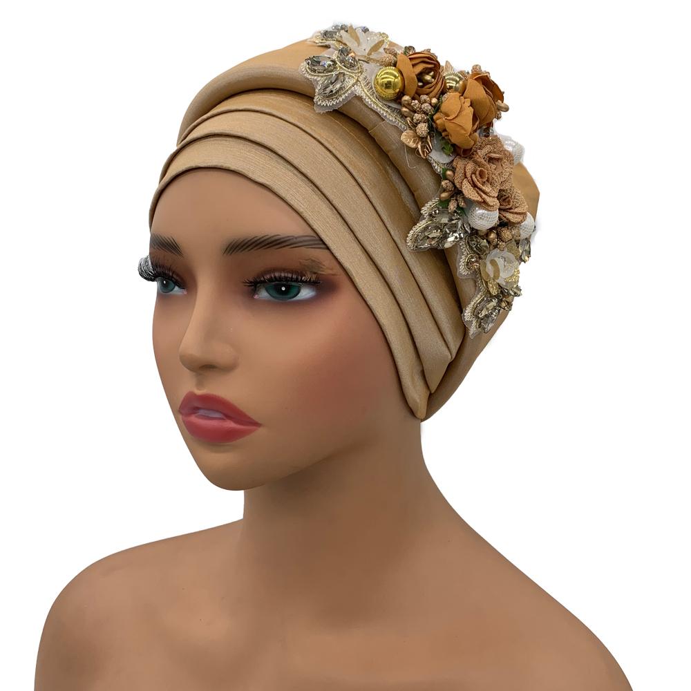 Raw Silk African Turban Cap Flower Headwrap Bonnet Nigeria Wedding Headtie Wedding Party Headgear Turbante Mujer