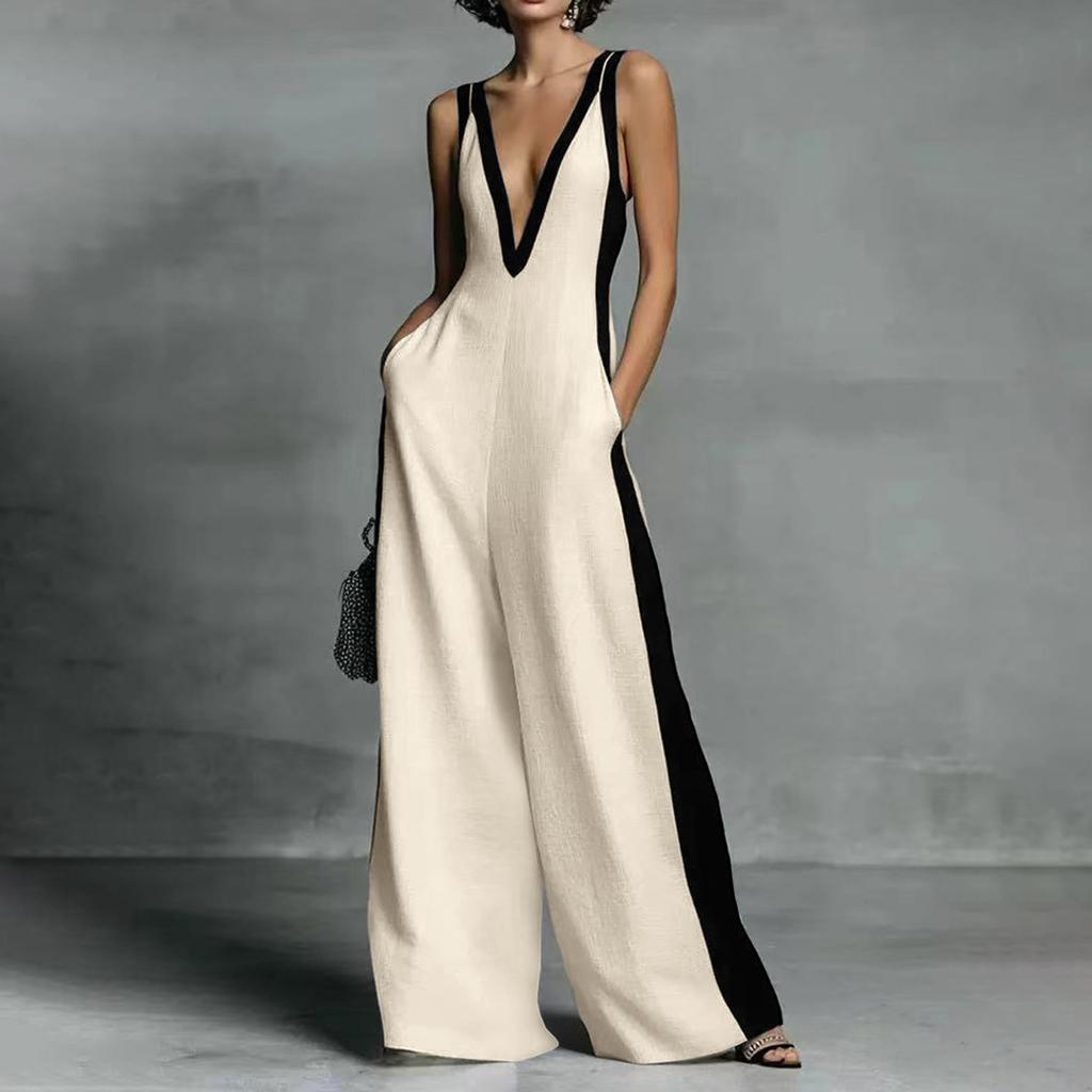 Dames mouwloze V-hals wijde pijpen jumpsuit met contrasterend paneel, losse pasvorm, eendelig, casual modekleding voor dagelijks gebruik