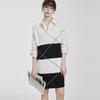 ELLE Chic Color-Blocked Striped V-Neck Long Sleeve Dress Women dresses Black White EL50698