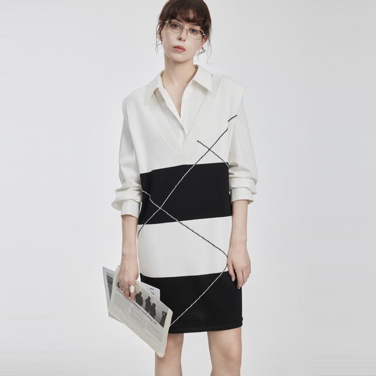ELLE Chic Color-Blocked Striped V-Neck Long Sleeve Dress Women dresses Black White EL50698