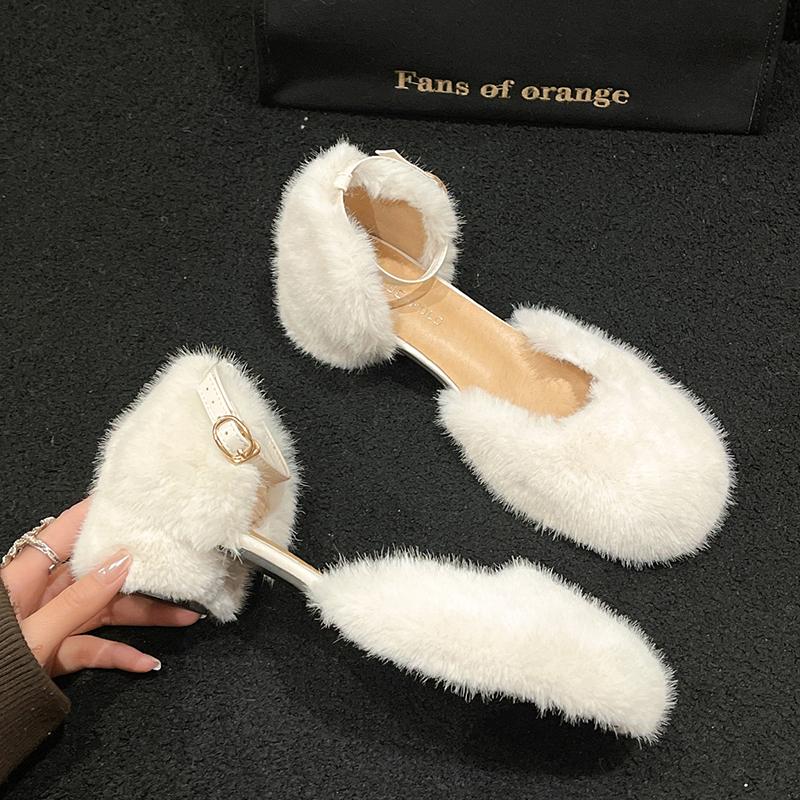 Fashion Luxury Manmade Mink Fur Sandals Woman Elegant White Furry Ankle Strap Pumps Ladies Evening Party High Heel Plush Dress Shoes