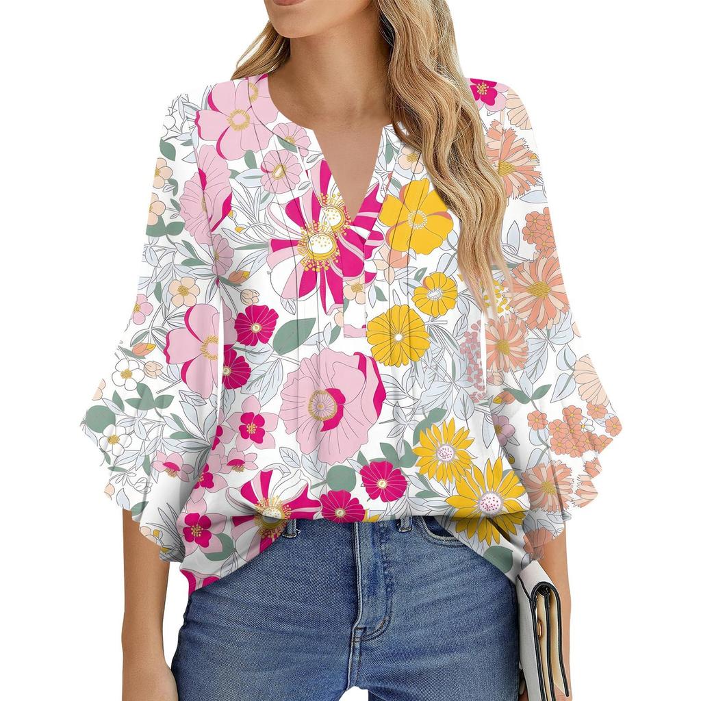 Dámská móda Ležérní plisované tričko s výstřihem do V, jednobarevné, tříčtvrteční rukáv, elegantní top