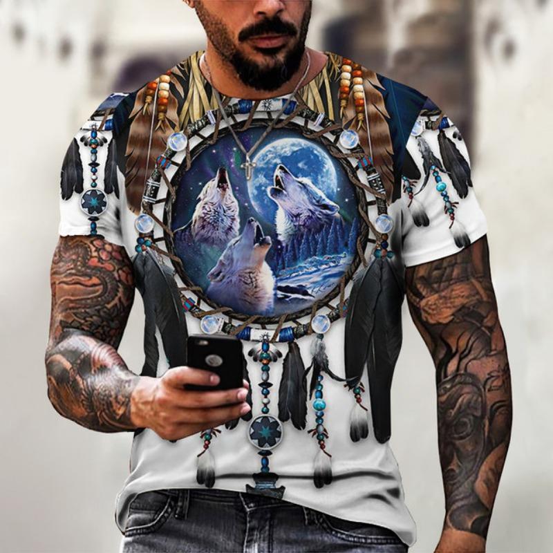 Men's Shirt Casual Harajuku T-shirt Animal Summer Retro Indian Print Men's Street Crew Neck Short Sleeve Design Large
