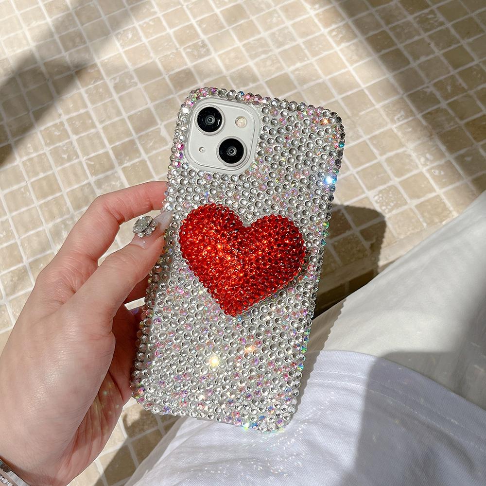 Glitter Diamond Crystal 3D Heart Stand Holder Phone Case for IPhone 15 14 16 plus 13 12 Air 17 Pro Max 11 Shockproof Bling Cover