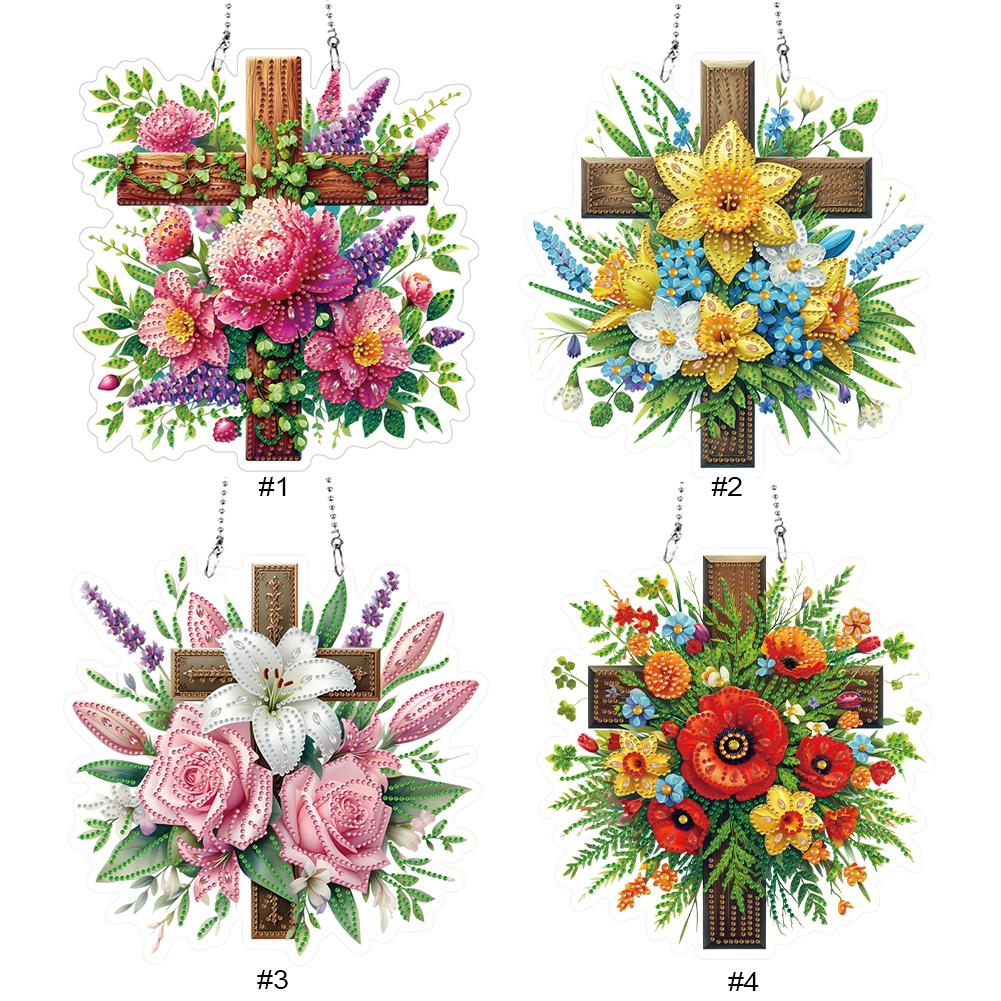 Special Shaped Cross Flower Leaf Acrylic Diamond Painting Hanging Ornaments Kit 5D DIY Diamond Art Hanging Decorations for Home