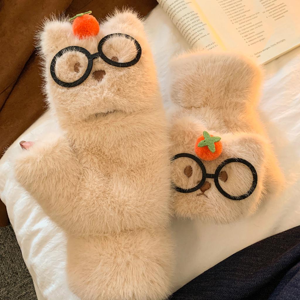 Cute Glasses Bear Plush Half Finger Flip Up Gloves for Women In Winter Cartoon Versatile Touch Screen Protection Against Cold  Wind and Warmth