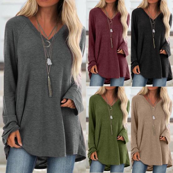 Taglie Forti Donna Tinta Unita Manica Lunga Scollo a V Pullover Largo Midi Camicetta Top
