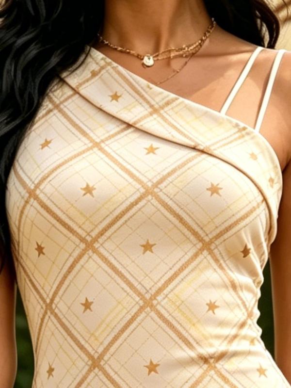 Summer Women's One Shoulder Midi Dress Star Grid Print Light Yellow Bodycon Sundress