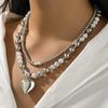 Simple Love-shaped Pendant Necklace Set, Hip-hop Personalized Metal Mixed-color Round Bead Collarbone Chain.