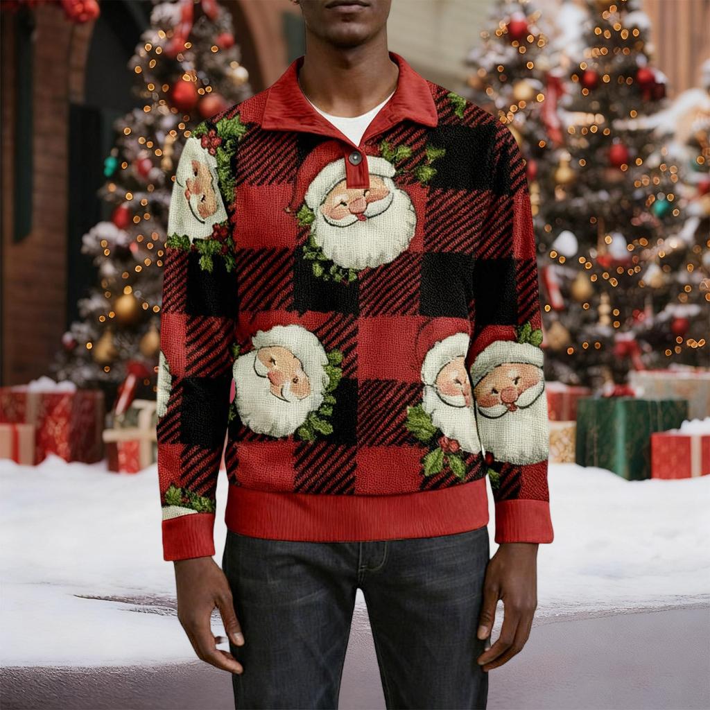 Erkek Noel Pamuklu Kazak Uzun Kollu Dış Giyim Gömleği Vintage Kadife Düğmeli Dik Yaka Gömlek Günlük Sweatshirt Noel Baskılı Üst