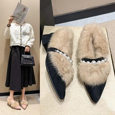 Women's Pointed and Shallow Cotton Shoes with Fluffy Shoes Outside, Winter New Thick Heels, Suede and Velvet High Heels for Women