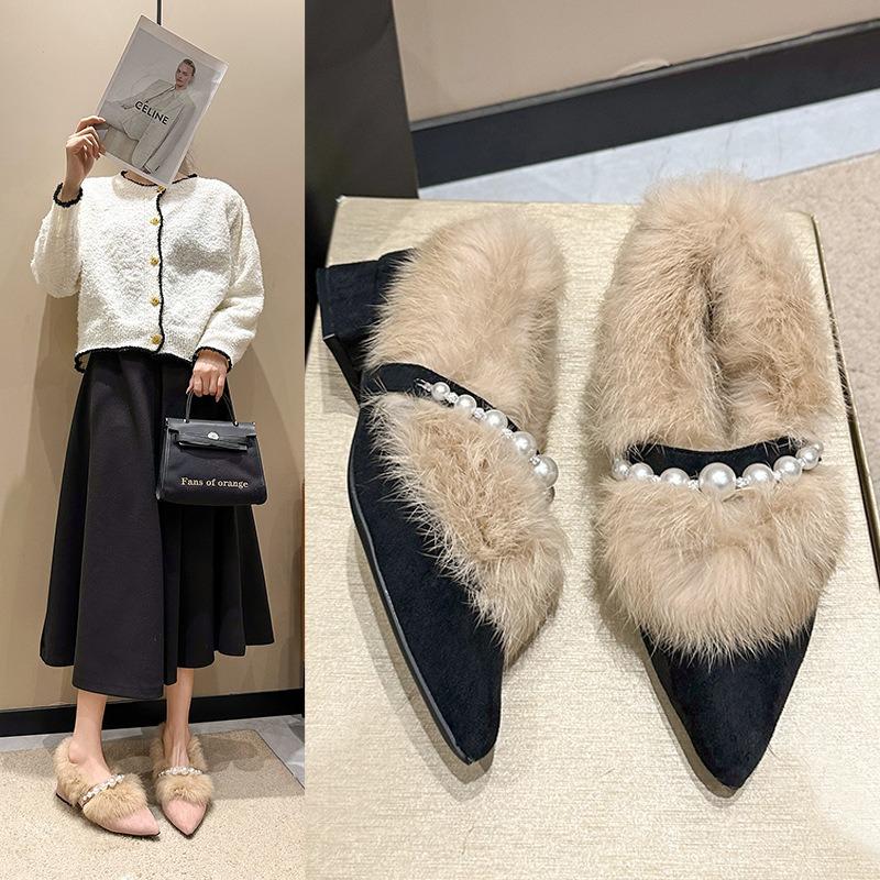 Pointed thick heel fluffy shoes women's autumn and winter new versatile velvet outer wear Doudou shoes single shoes