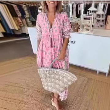 European and American style summer new bohemian V-neck fashion printed lantern sleeves high waist pendulum dress women