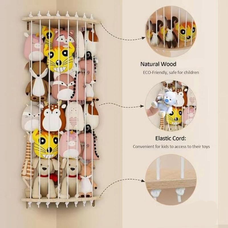 Adjustable Length Wood  Stuffed Animal Holders with LED Light Plush Toy Organizers for Bedroom or Playrooms Decors