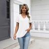 Women's Solid Color V-Neck Short Sleeve T-Shirt In Slub Fabric