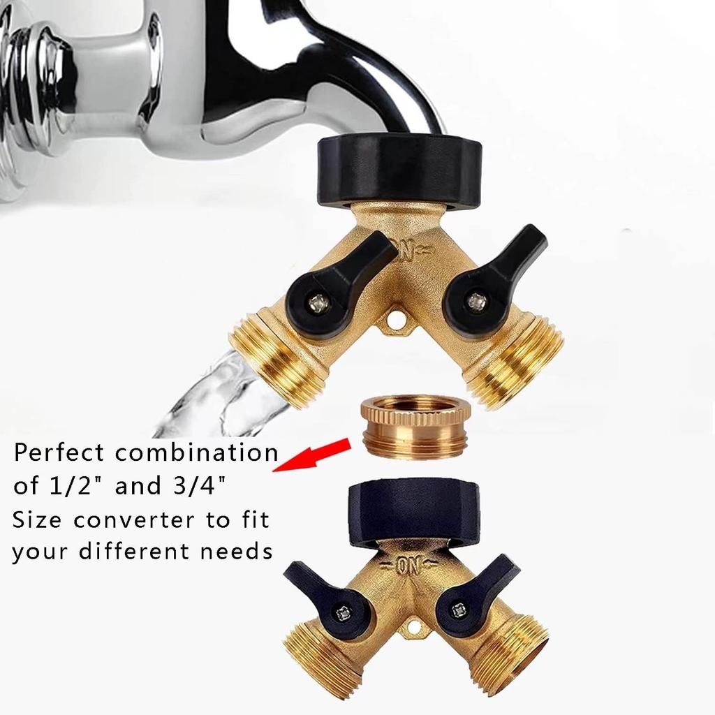 3/4" Brass Garden Hose Connector, 2-Way Y-Distributor Tap Fitting with On/Off Valves, for Home Garden Outdoor Use