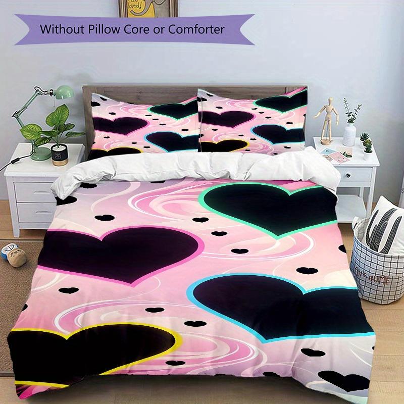 3Pcs Neon Hearts Printed Bedding Set, Breathable And Soft, Machine Washable, Christmas Gift, Suitable for Bedroom Decoration, 15171