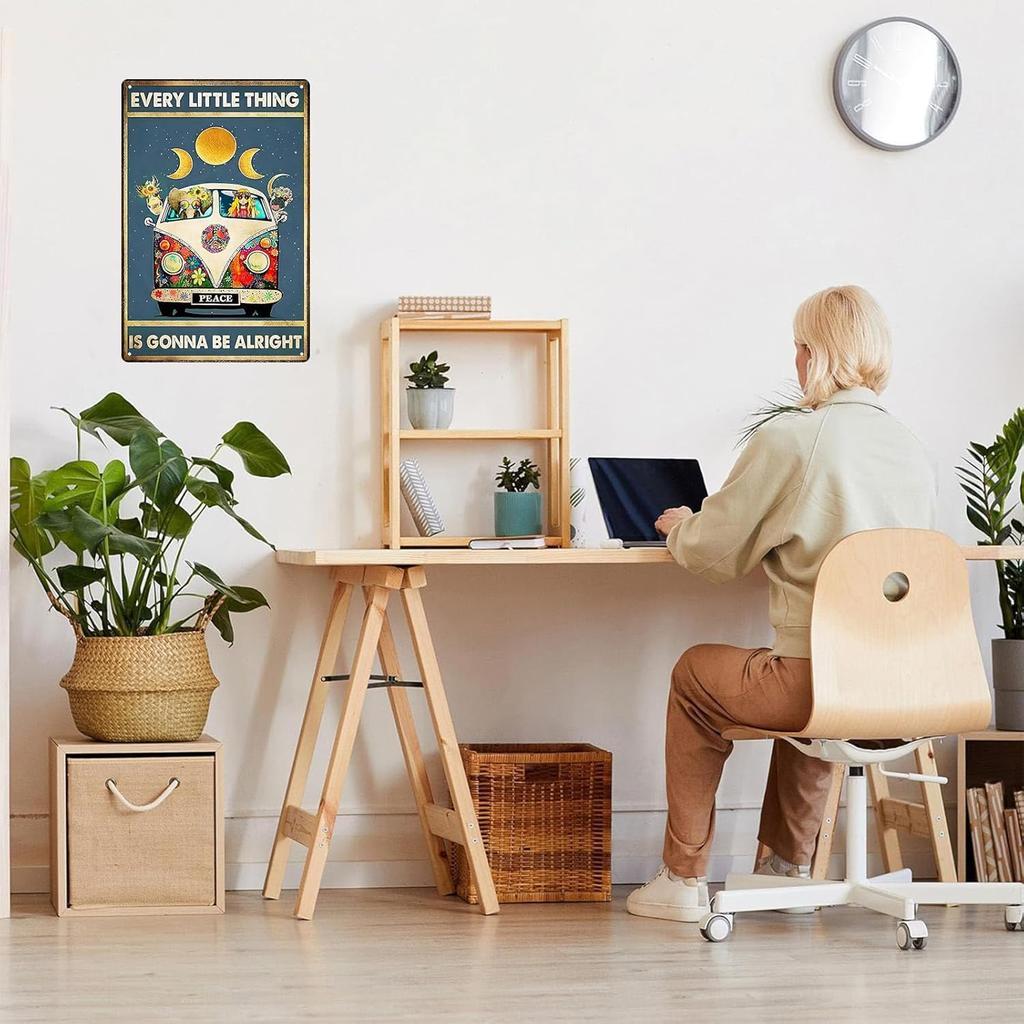 WTREEW Retro Hippie Decor Wall Art Poster - Every Little Thing Is Gonna Be Alright Vintage Metal Sign Peace Wall Decor