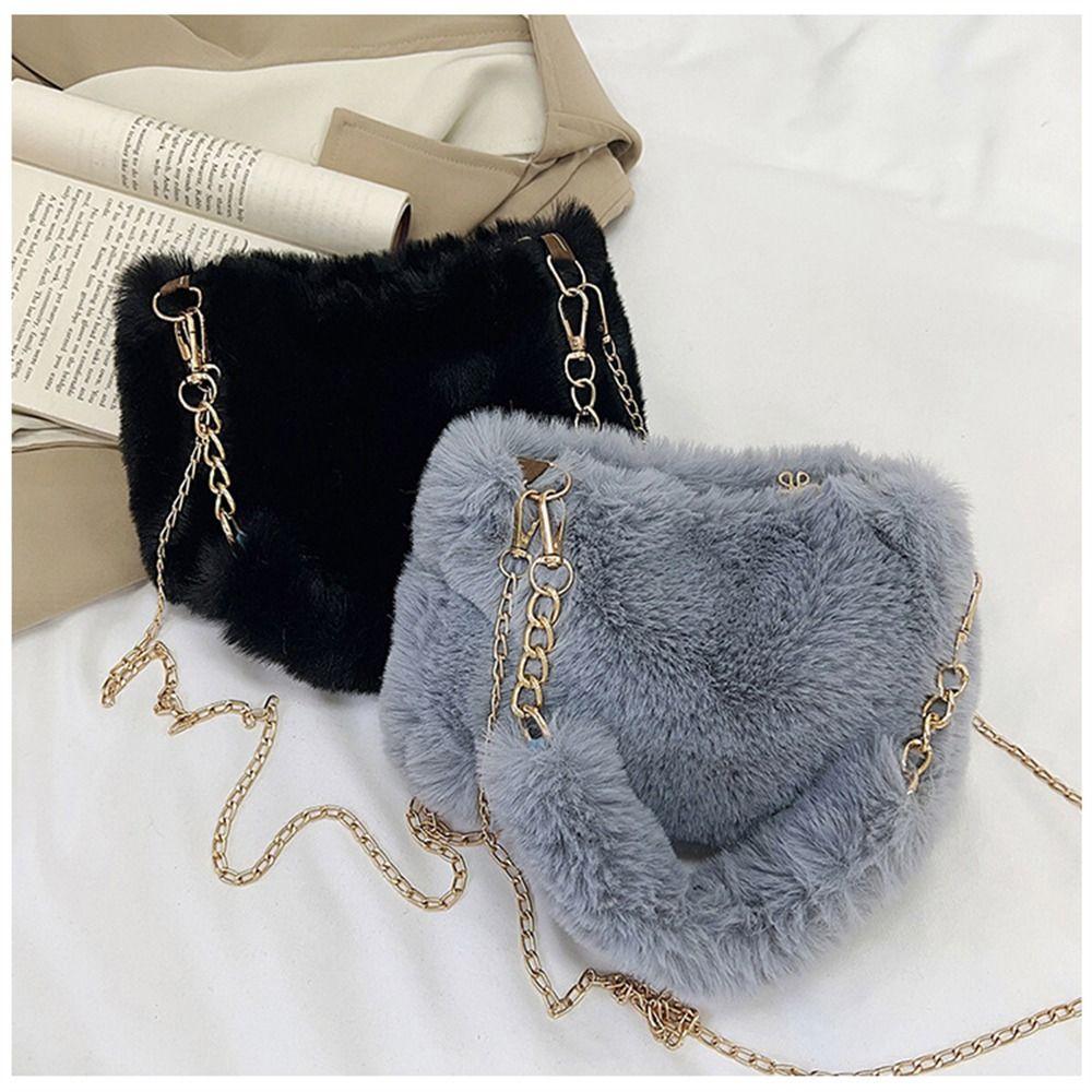 Fashi Women Fluffy Shoulder Bags Female Winter Chain Underarm Bag Solid Color Handbag Soft Plush Handle Bag