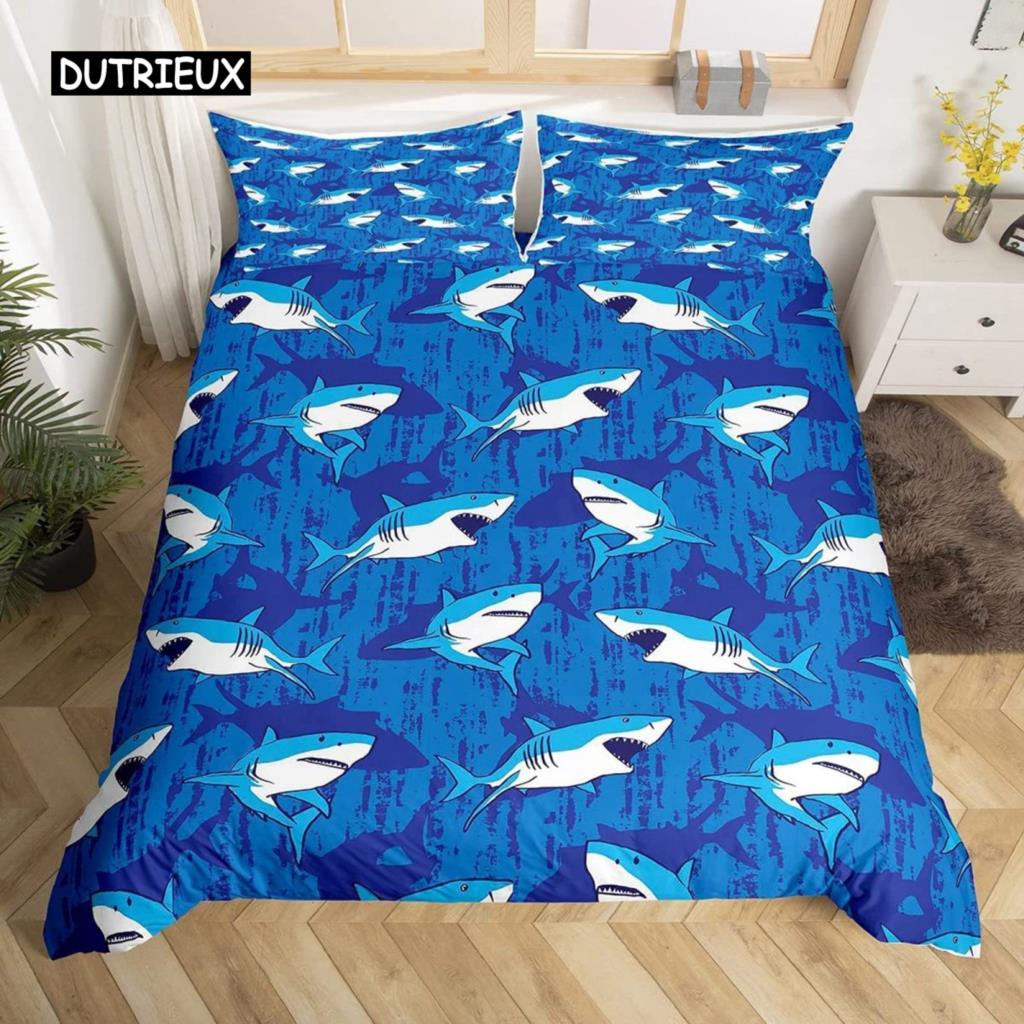 Shark Duvet Cover Set Deep Sea Animal Bedding Set Cartoon Ocean Sharks Colourful Hand Drawn Comforter Cover For Kids Boys Girls