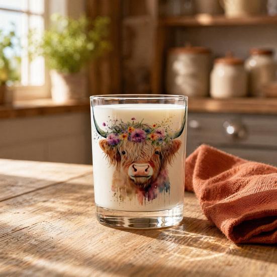 Bicchiere in Vetro Mucca delle Highlands, Bicchiere Termico Acquerello Floreale Dipinto a Mano, Tazza Trasparente per Latte Caffè Whiskey, Regalo per Amanti degli Animali
