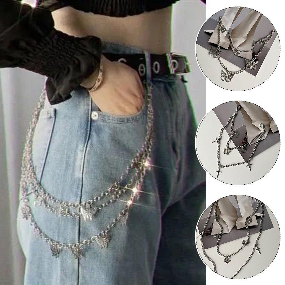Gothic Punk Street Belt Multi-layer Metal Alloy Multi-layer Trousers Multi-layer Chain Keychain Detail Hip Hop Crochet Pants