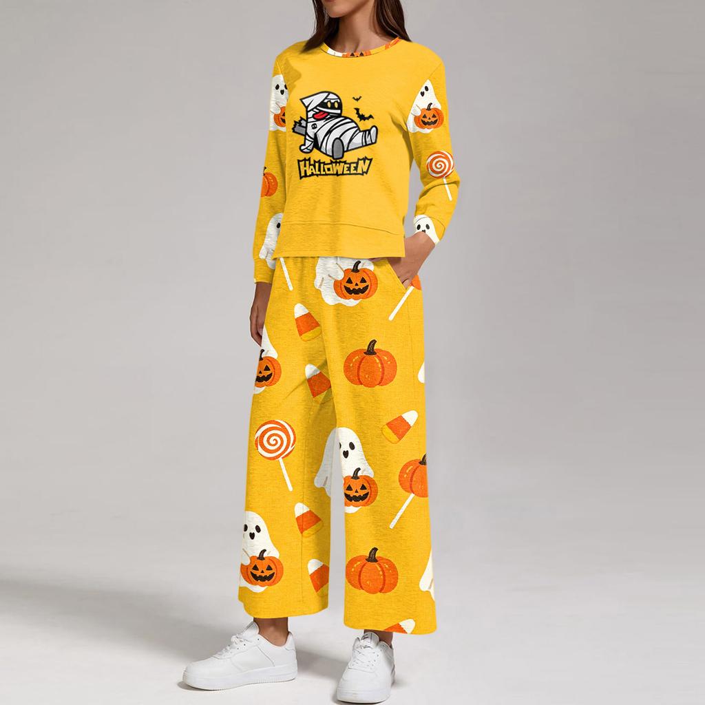 Women's Halloween Print Sweatshirt and Jogger Set, Crewneck Loose Fit with Side Slit Hem