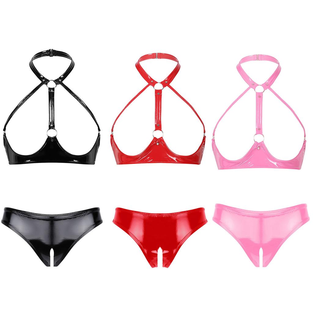 Womens Patent Leather Lingerie Set Halter Neck Open Cup Bra Crotchless Briefs Wet Look Clubwear Night Outfit