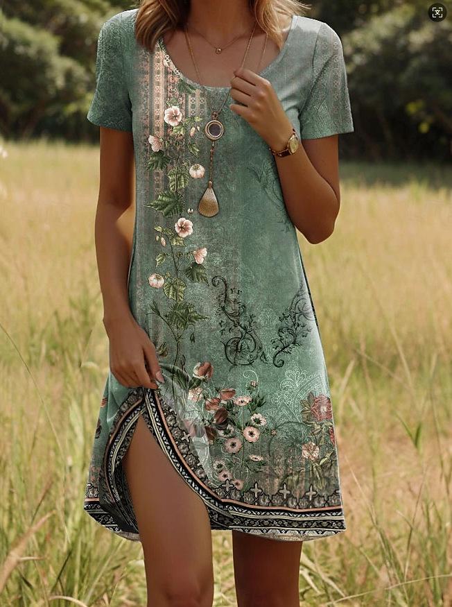 Women's New Round Neck Short Sleeve Dress with Indian Print – European & American Style