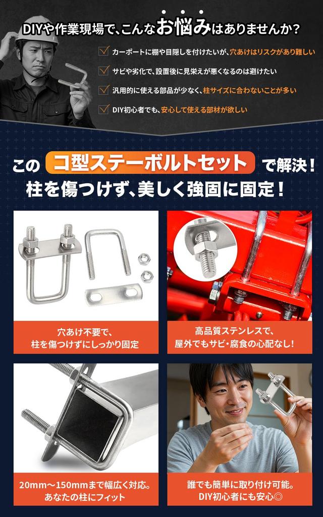 PLEAVIT Carport Pillar Fixing Brackets, U-Bolts, U-Bolts, Square Column Brackets, Stainless Steel, M6x40mmx80mm X 2-Piece Set