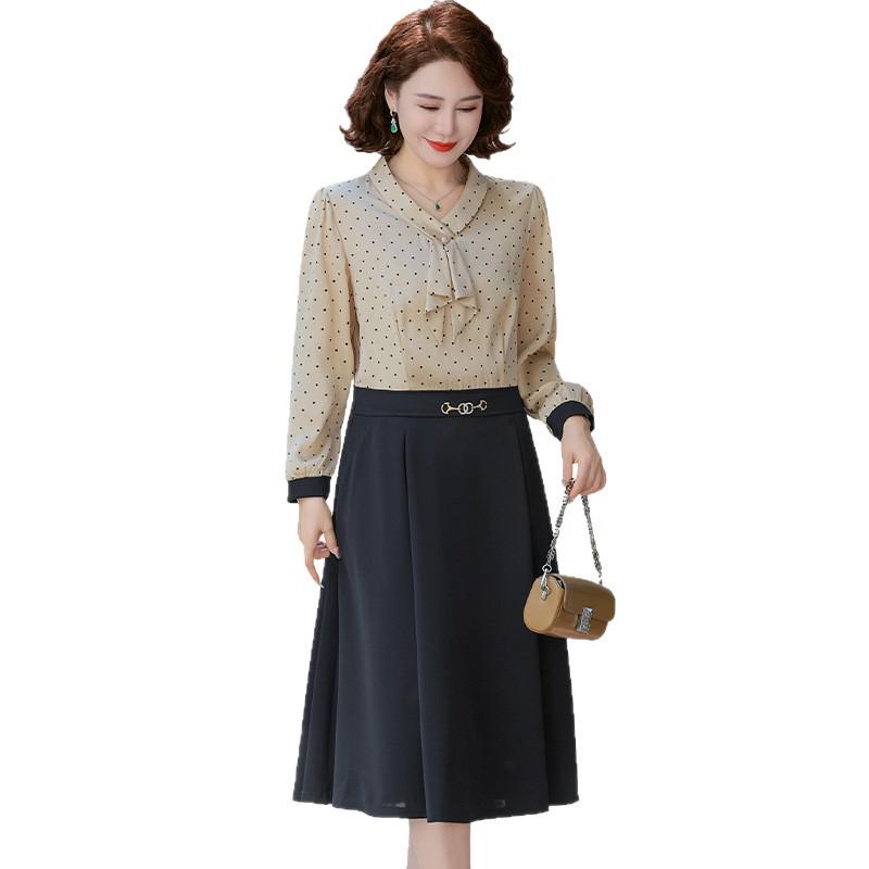 Trendy Autumn Long-Sleeve Fake Two-Piece Dress for Middle-Aged Women 2025