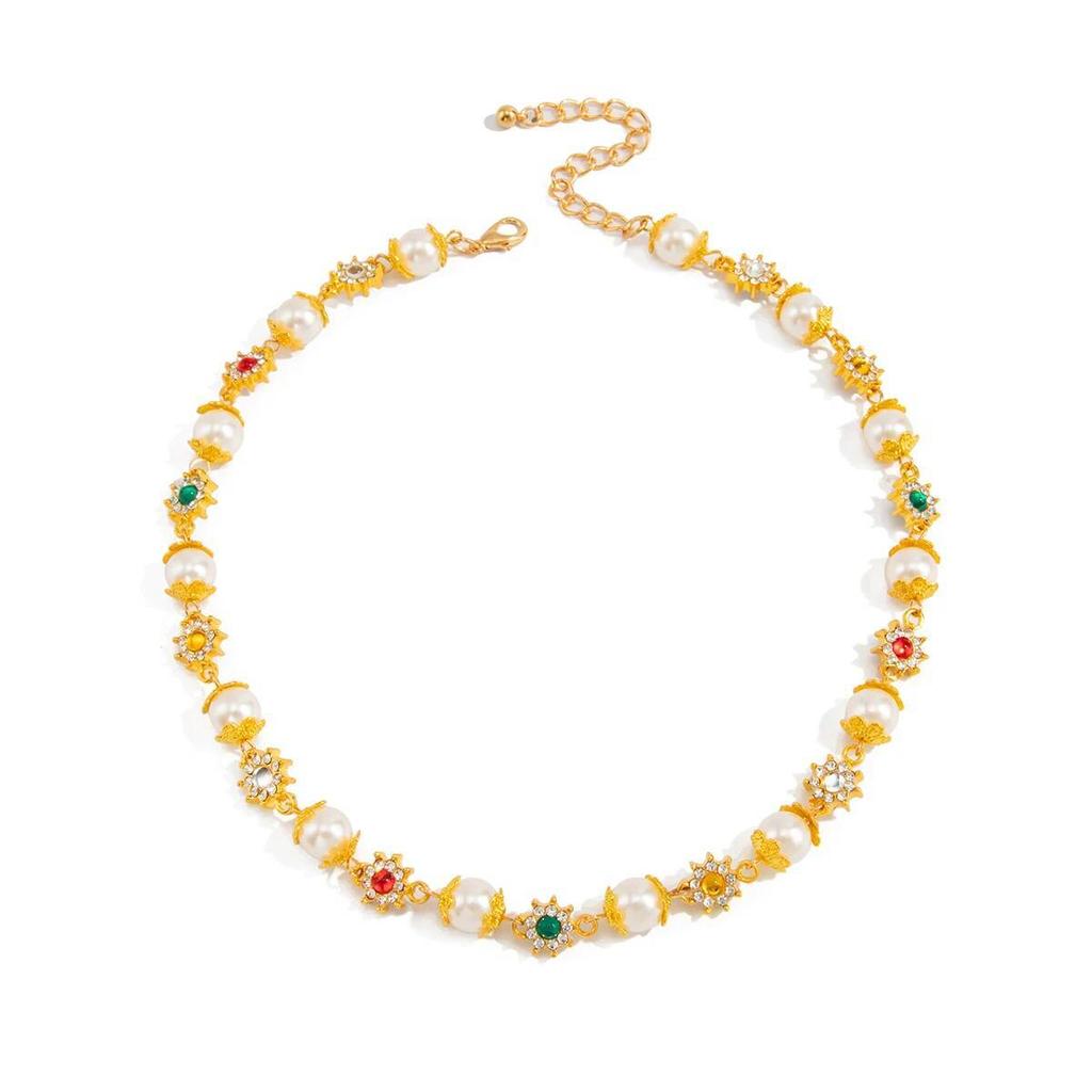 SHIXIN Hip Hop Colorful Rhinestone Sun Choker Necklace for Men New Trendy Adjustable Imitation Pearl Short Necklace Male Jewelry