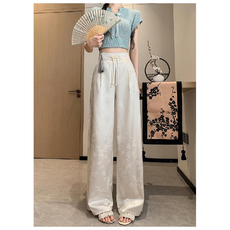 Chinese-style Faux Satin Jacquard Wide-leg Pants for Women, 2026 New Design, Niche High-waisted Slimming Casual Floor-length Trousers