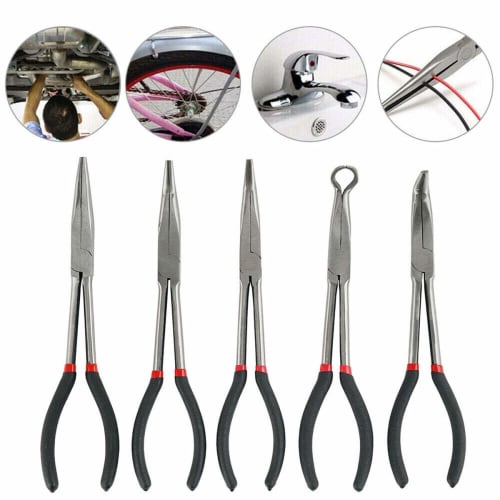Nisorpa 5-Piece Long Nose Pliers Set, 280mm Extra Long, Nose Pliers, Mechanics Equipment, Hand Tools, Straight, 25, 45, 90, and 0 Bends