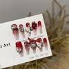 Women Press‑On Nails Pure‑Handmade Burgundy Silver Gradient White Bow Pile‑Rhinestone False Nail Patches