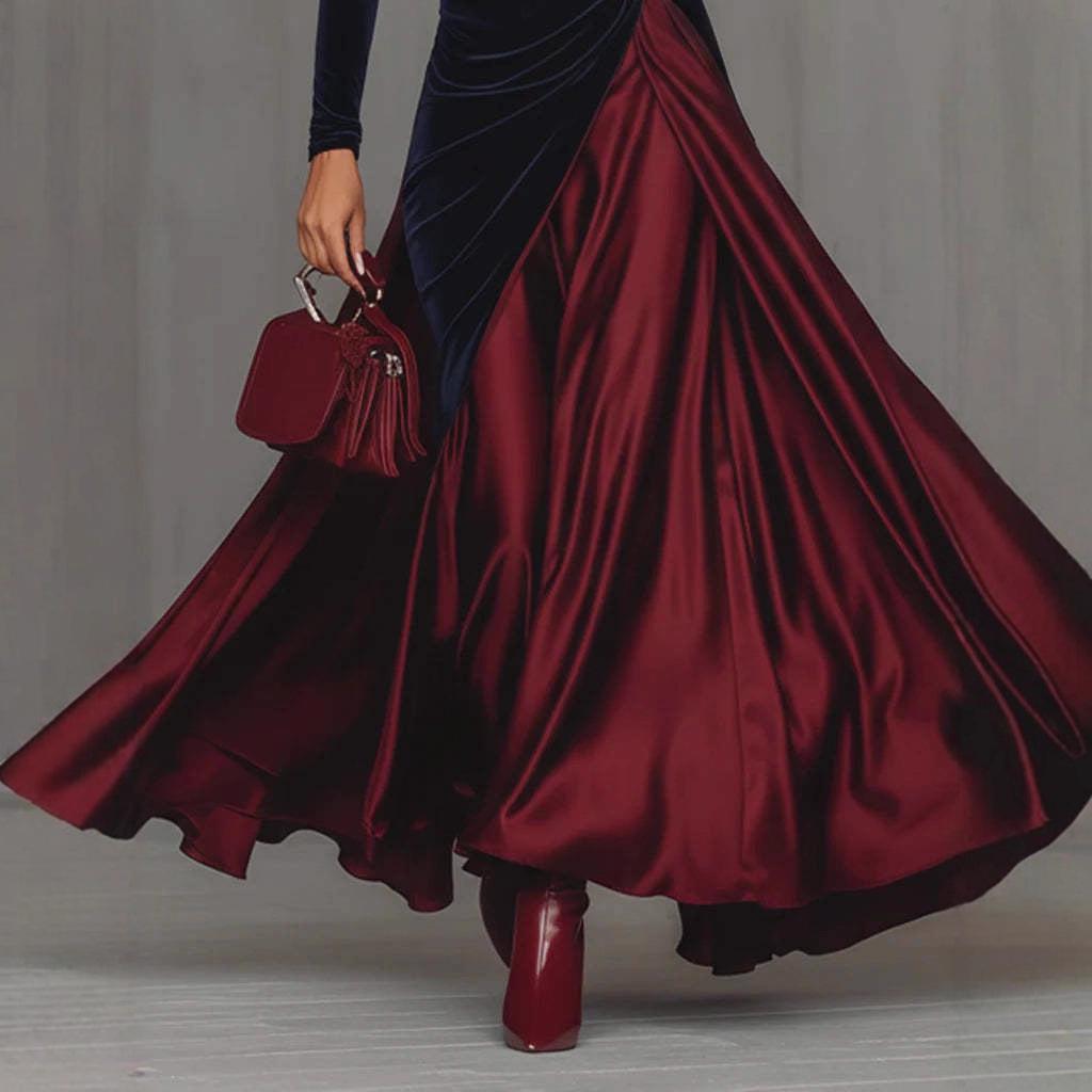 2026 Spring Elegant Velvet Patchwork Dress with Flare Skirt and High Neck