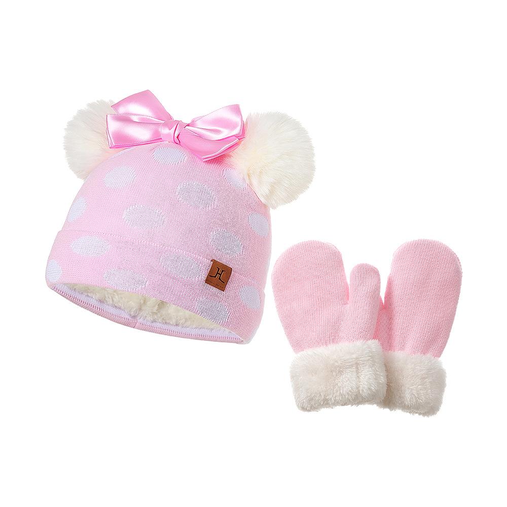Bow Knot Polka Dot Woolen Hat Scarf Two-piece Set for Autumn and Winter Girls and Babies, Warm Set