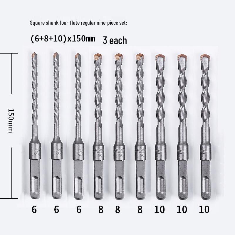 10-Piece Electric Hammer Drill Bit Set, Square & Round Shank (Sizes 4-14)