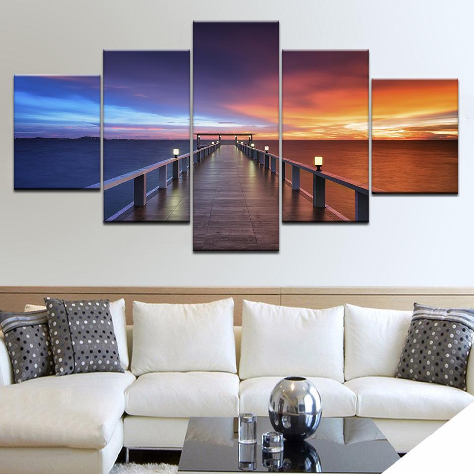 Canvas Wall Art Prints Poster Home Decor 5 Pieces Beautiful Sunset Bridge Natural Scenery Paintings Lake Pictures Modular Frame
