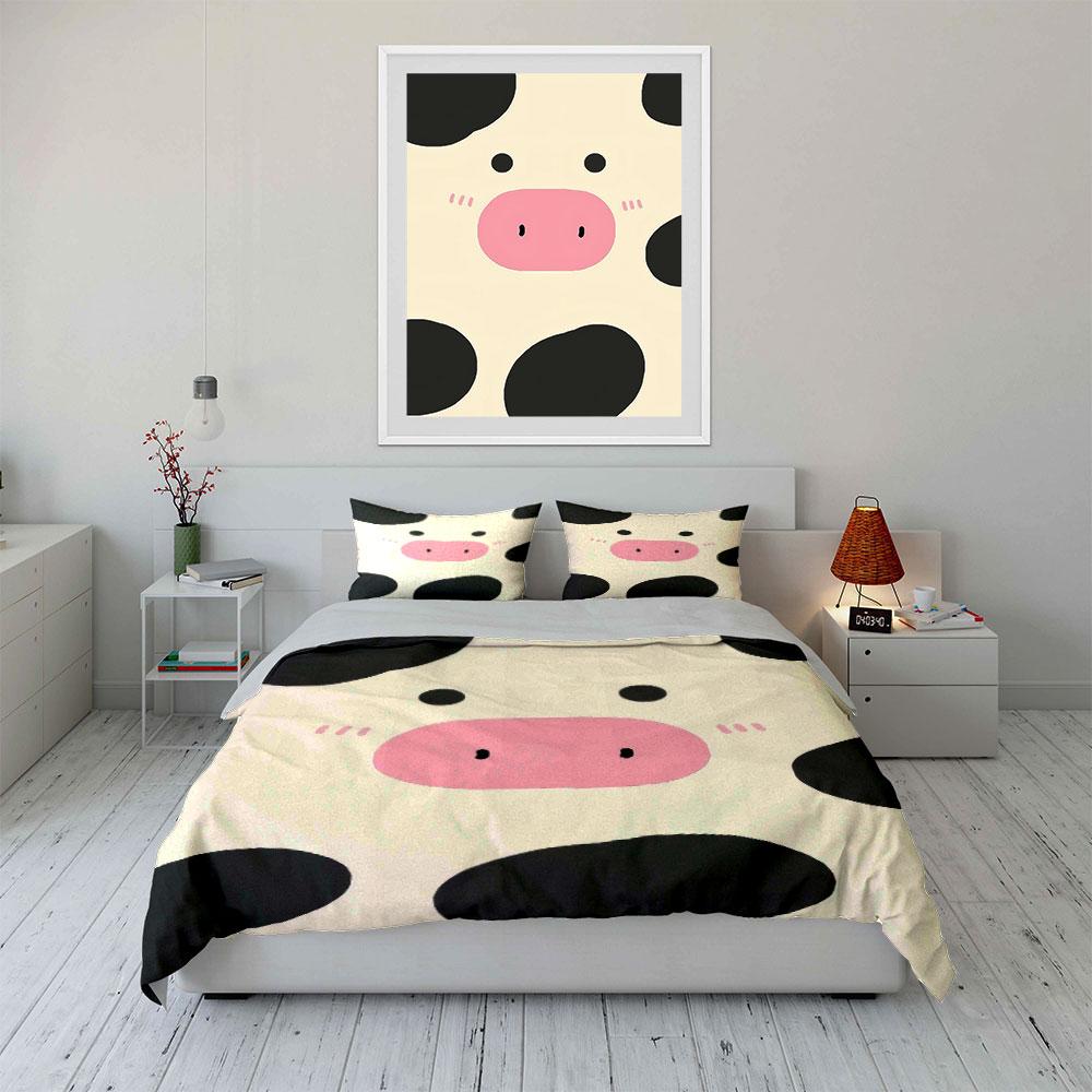 3Pc Minimal Cow Face Blush Bedding SetCute Farm Animal Close-up Print Duvet Cover 2 Pillowcases Single Double King QueenGift