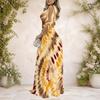 Women Plus Size V Neck Cold Shoulder Tie Cuffs Short Sleeve Black Beige Printed A Line Long Dress